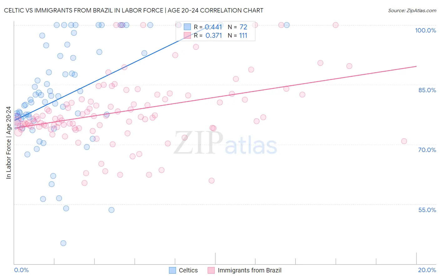 Celtic vs Immigrants from Brazil In Labor Force | Age 20-24