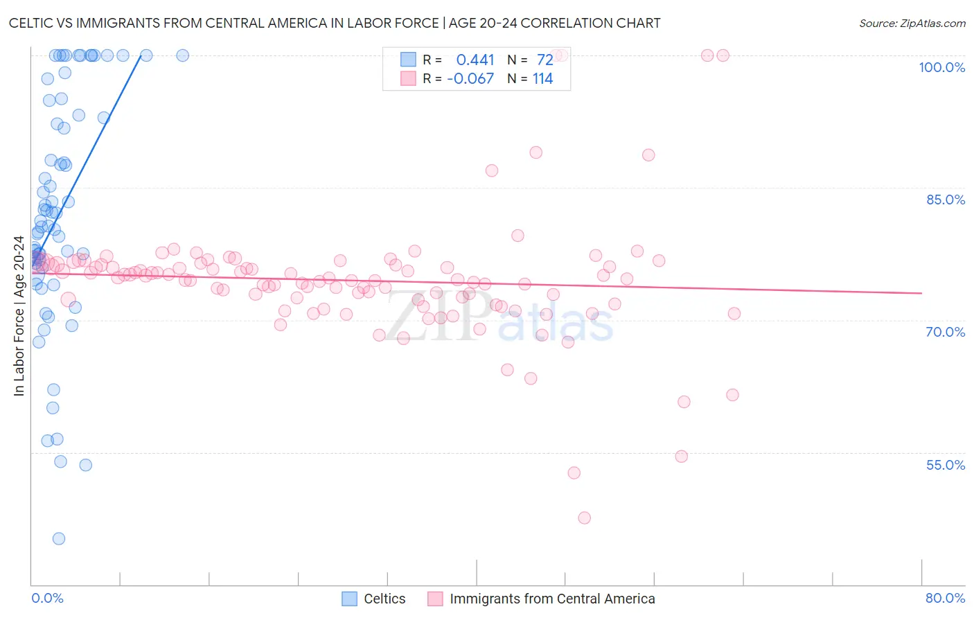 Celtic vs Immigrants from Central America In Labor Force | Age 20-24