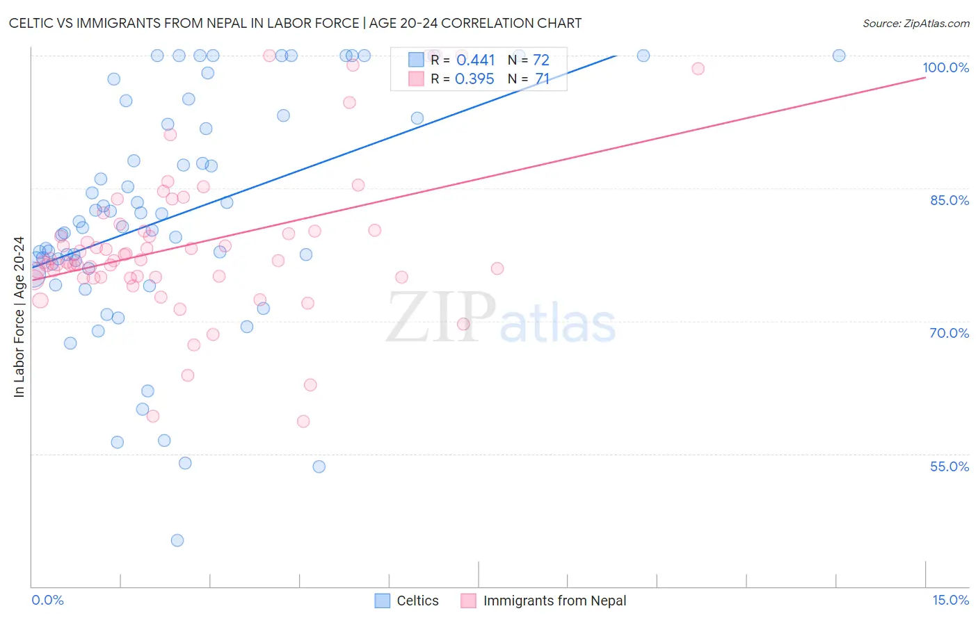 Celtic vs Immigrants from Nepal In Labor Force | Age 20-24