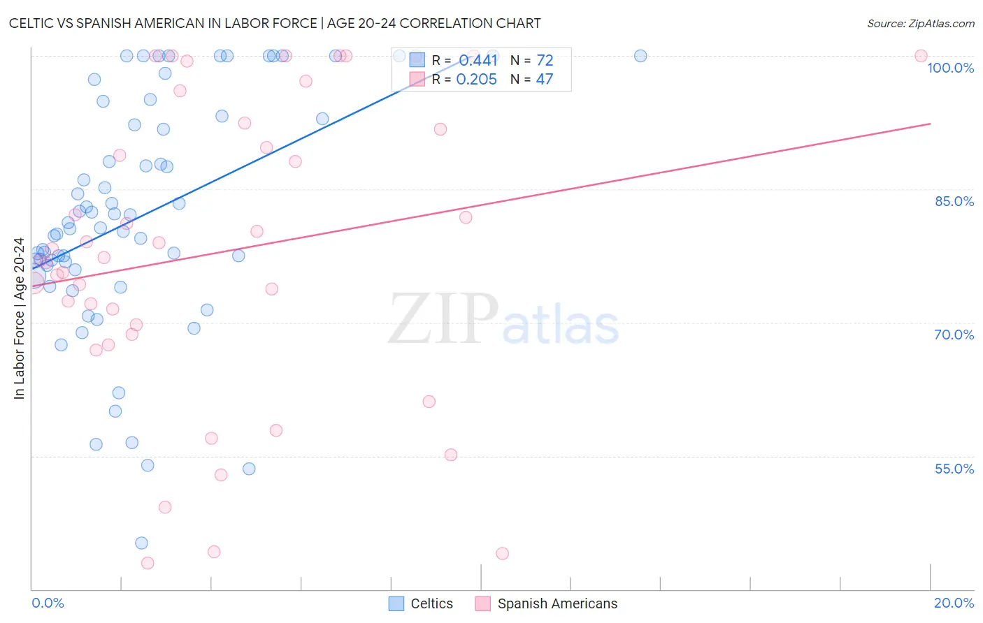 Celtic vs Spanish American In Labor Force | Age 20-24