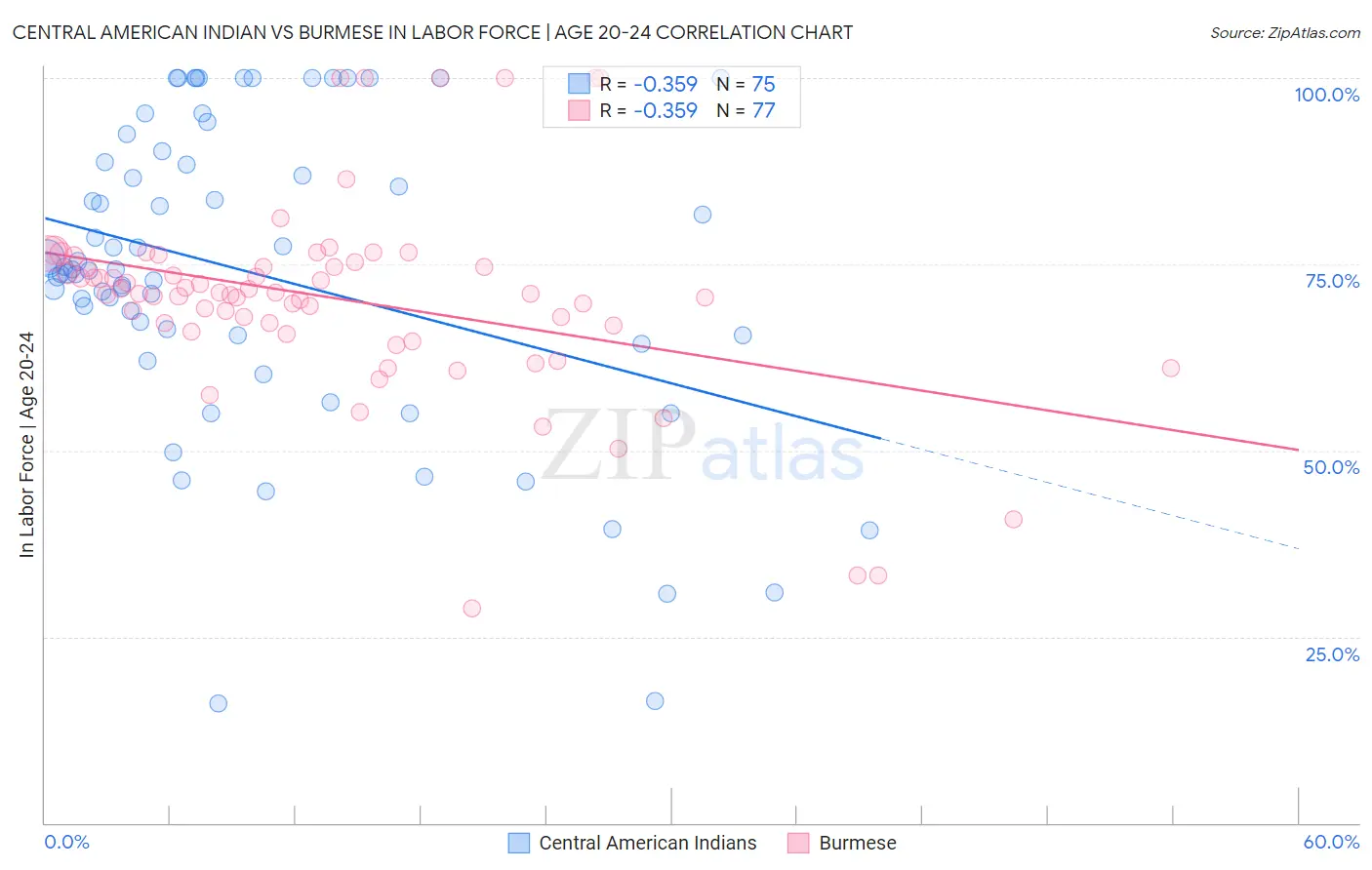 Central American Indian vs Burmese In Labor Force | Age 20-24