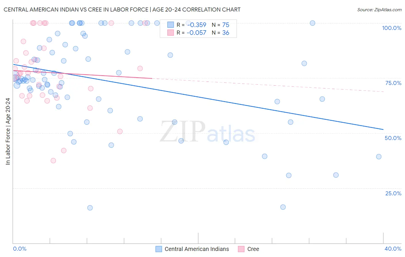 Central American Indian vs Cree In Labor Force | Age 20-24