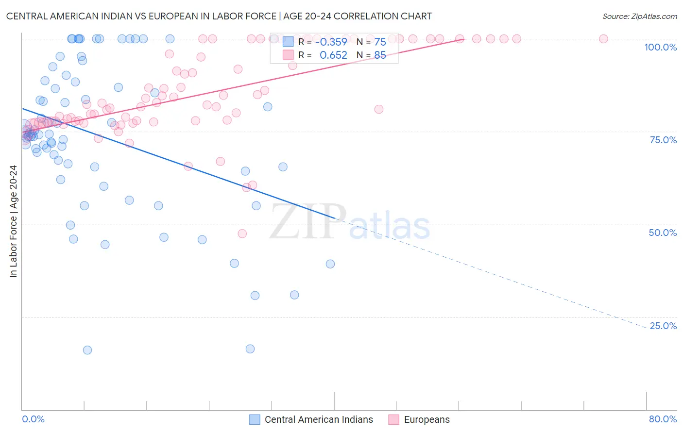 Central American Indian vs European In Labor Force | Age 20-24