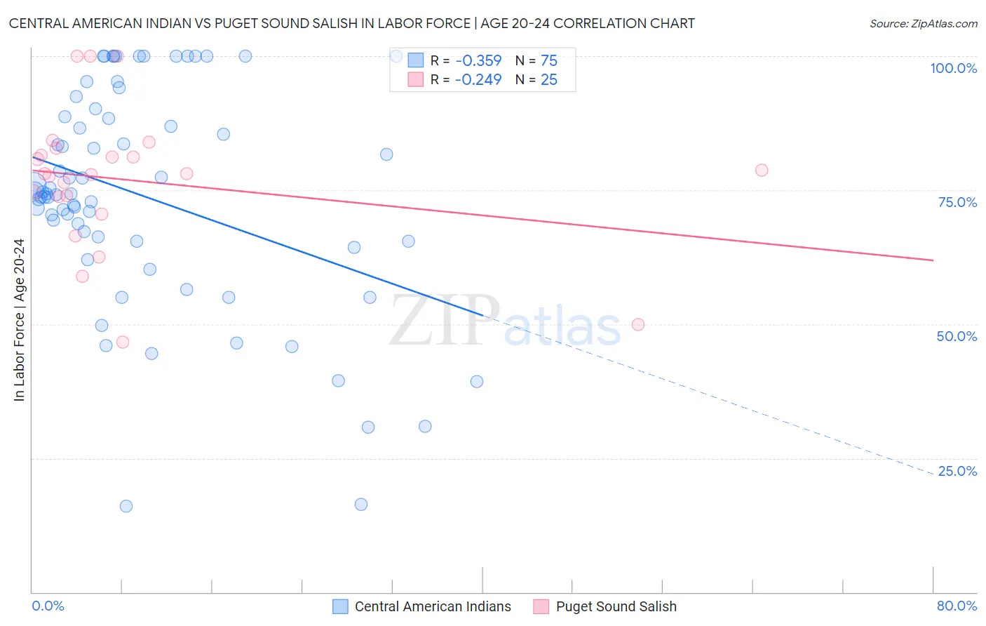 Central American Indian vs Puget Sound Salish In Labor Force | Age 20-24