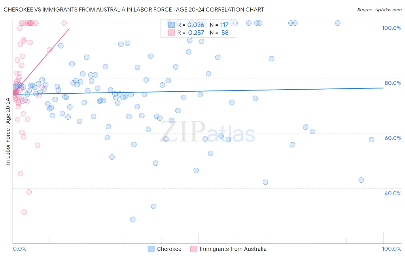 Cherokee vs Immigrants from Australia In Labor Force | Age 20-24