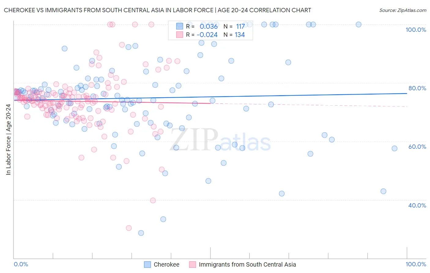 Cherokee vs Immigrants from South Central Asia In Labor Force | Age 20-24
