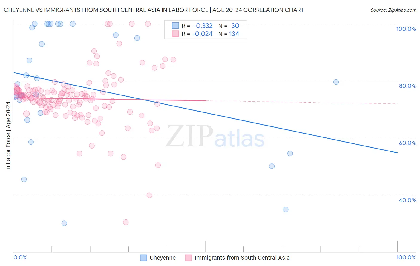 Cheyenne vs Immigrants from South Central Asia In Labor Force | Age 20-24