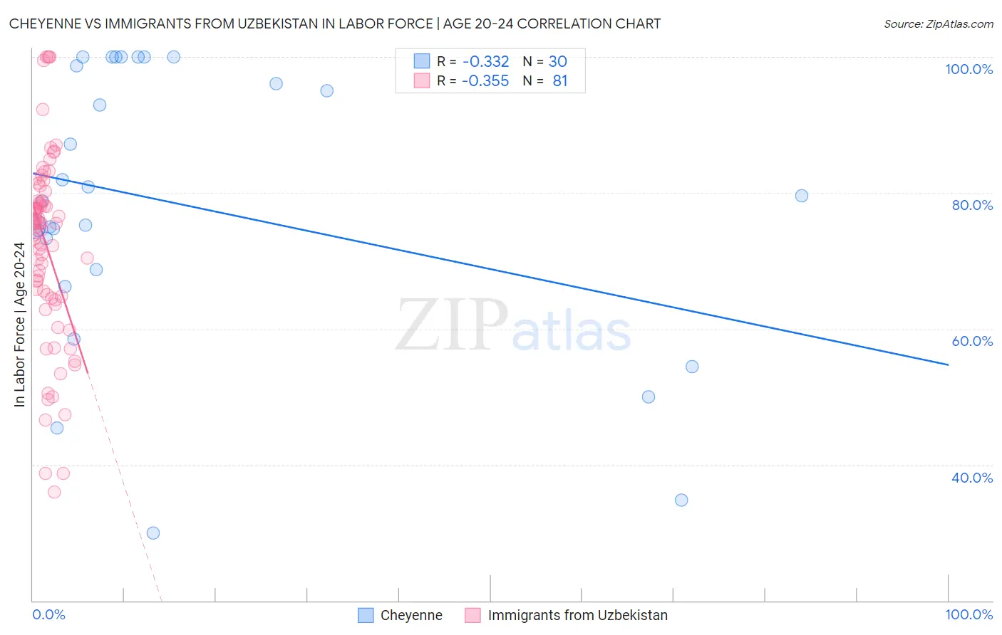 Cheyenne vs Immigrants from Uzbekistan In Labor Force | Age 20-24