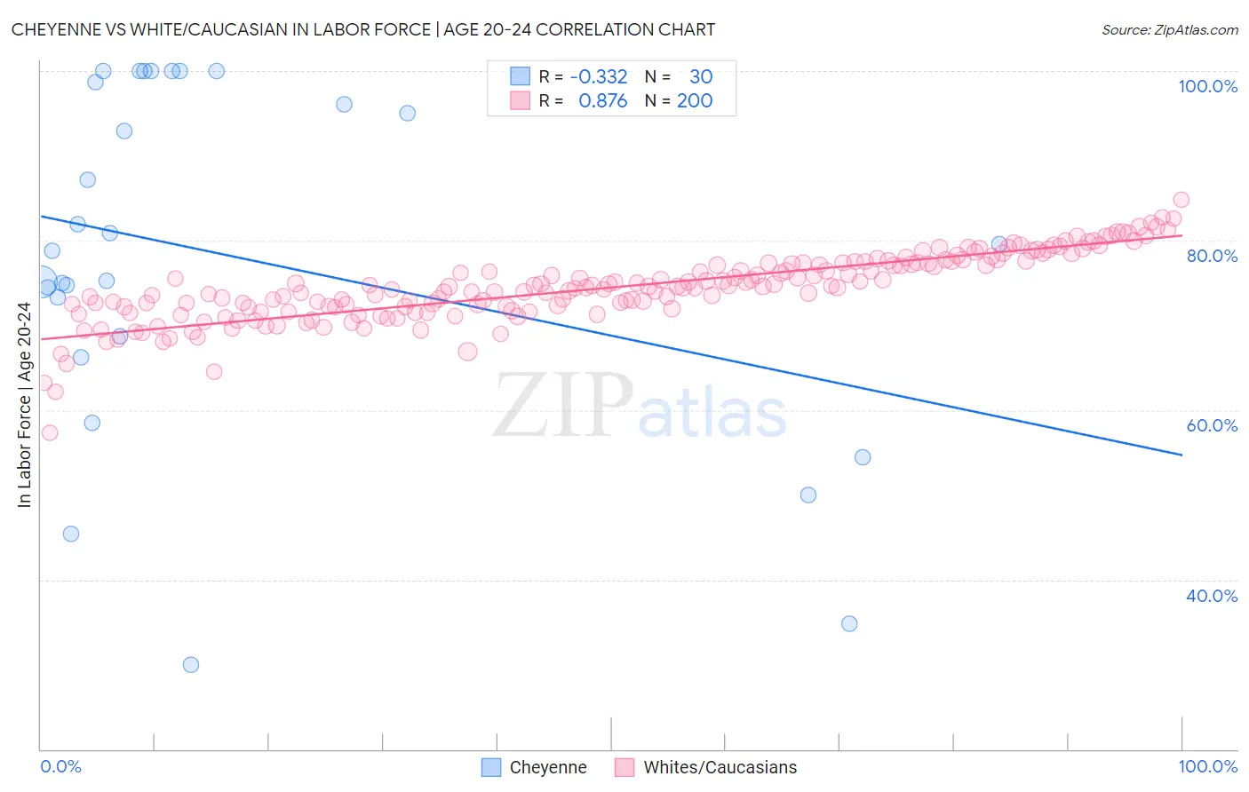 Cheyenne vs White/Caucasian In Labor Force | Age 20-24