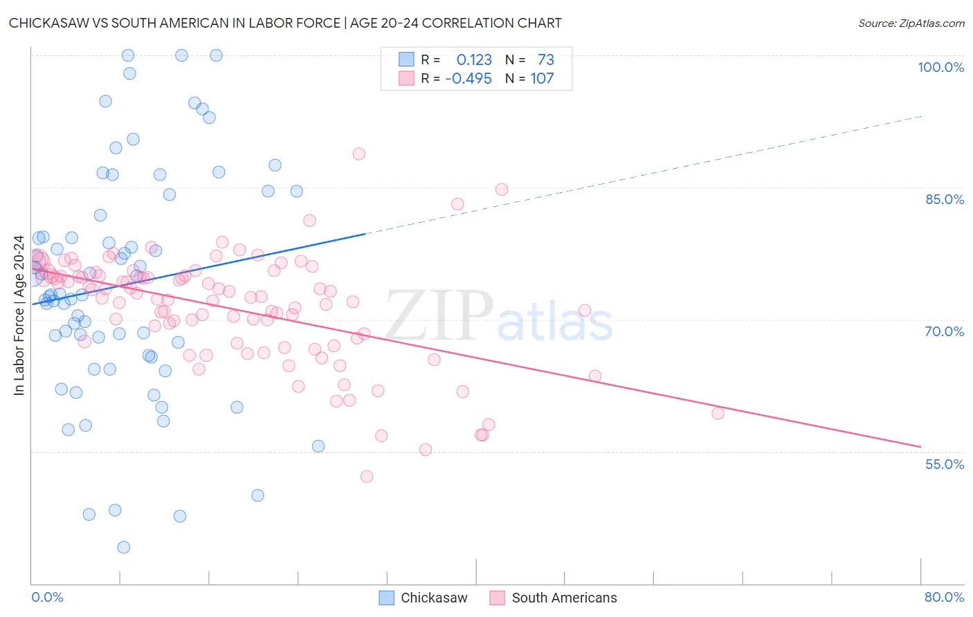 Chickasaw vs South American In Labor Force | Age 20-24