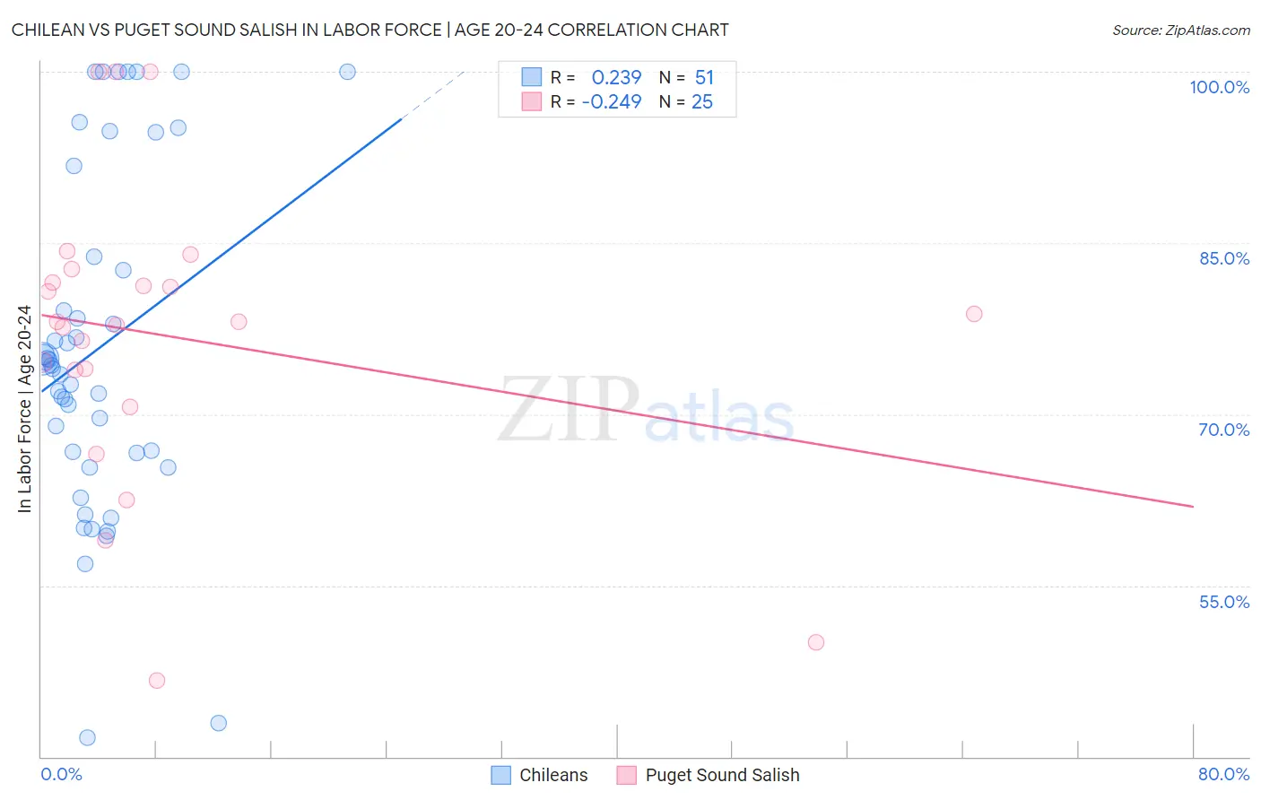 Chilean vs Puget Sound Salish In Labor Force | Age 20-24