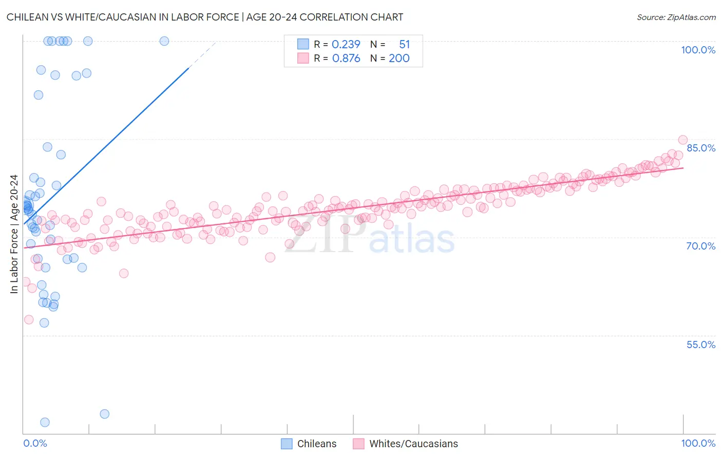 Chilean vs White/Caucasian In Labor Force | Age 20-24