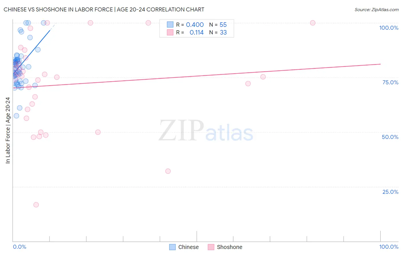 Chinese vs Shoshone In Labor Force | Age 20-24