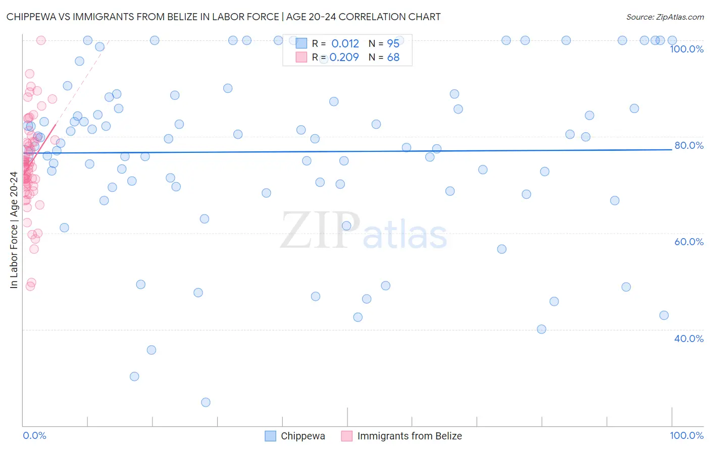 Chippewa vs Immigrants from Belize In Labor Force | Age 20-24