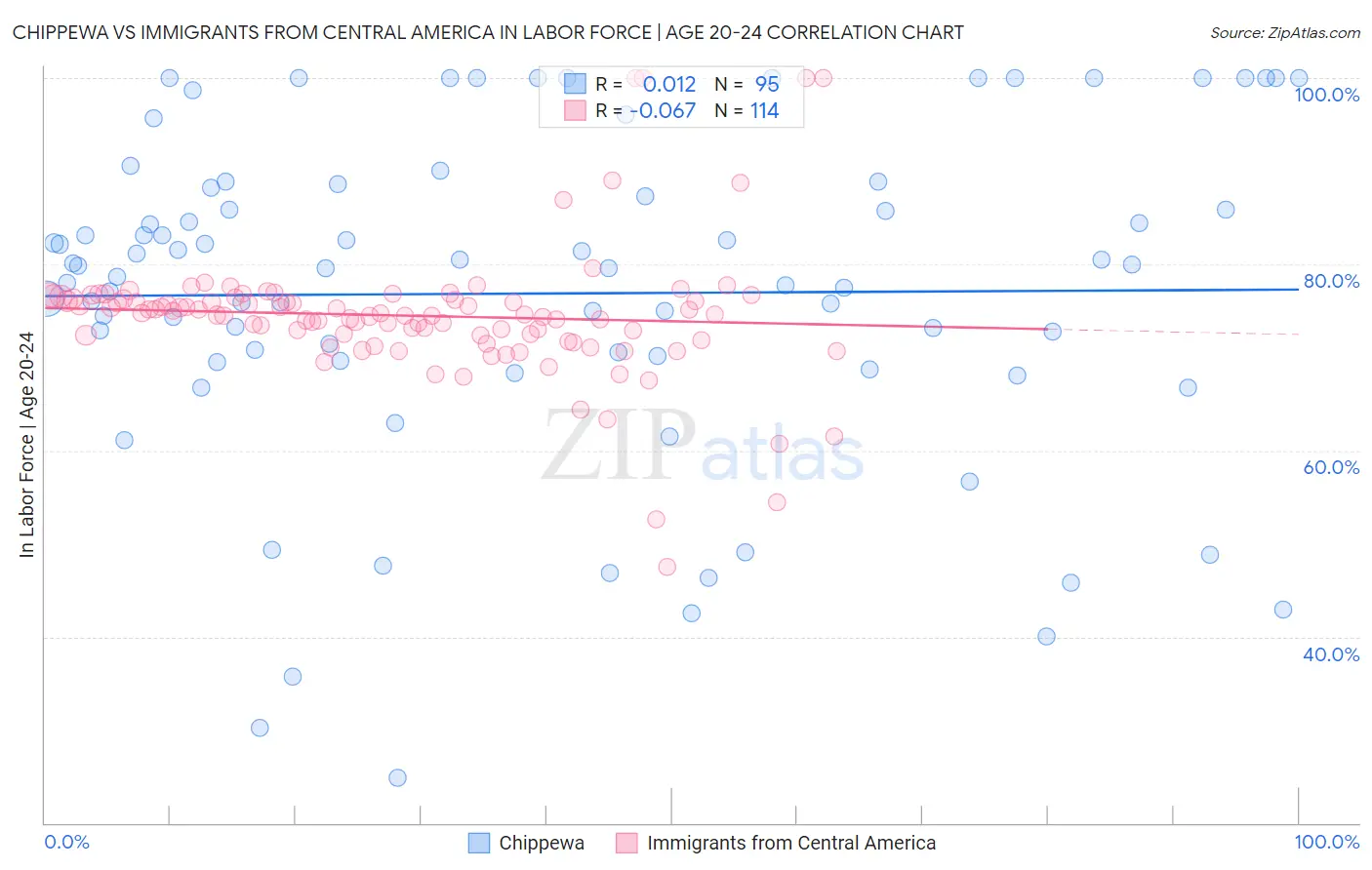 Chippewa vs Immigrants from Central America In Labor Force | Age 20-24