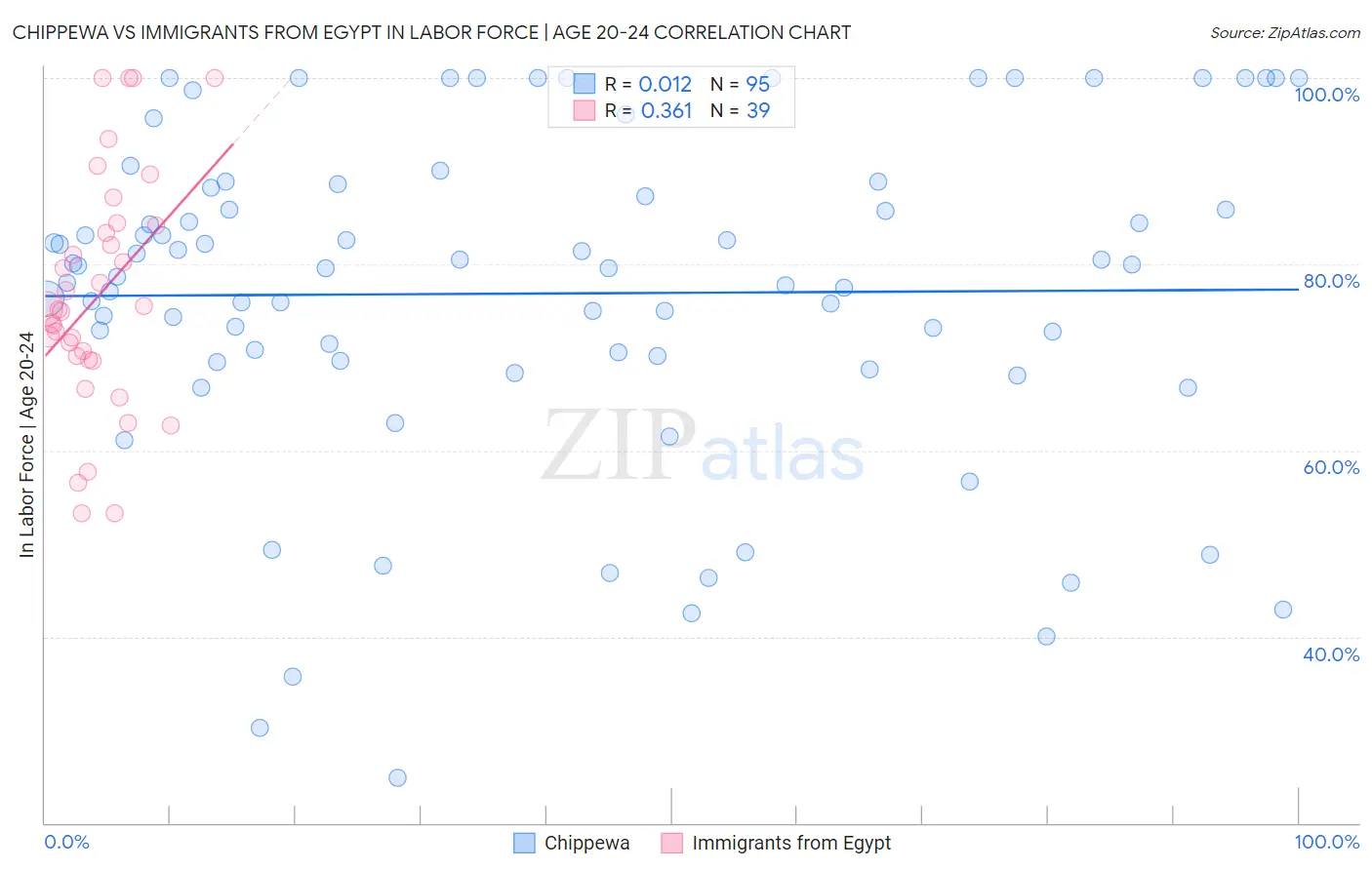 Chippewa vs Immigrants from Egypt In Labor Force | Age 20-24