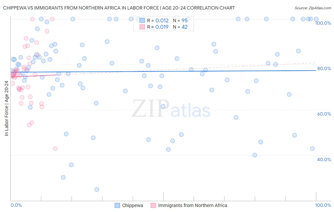 Chippewa vs Immigrants from Northern Africa In Labor Force | Age 20-24