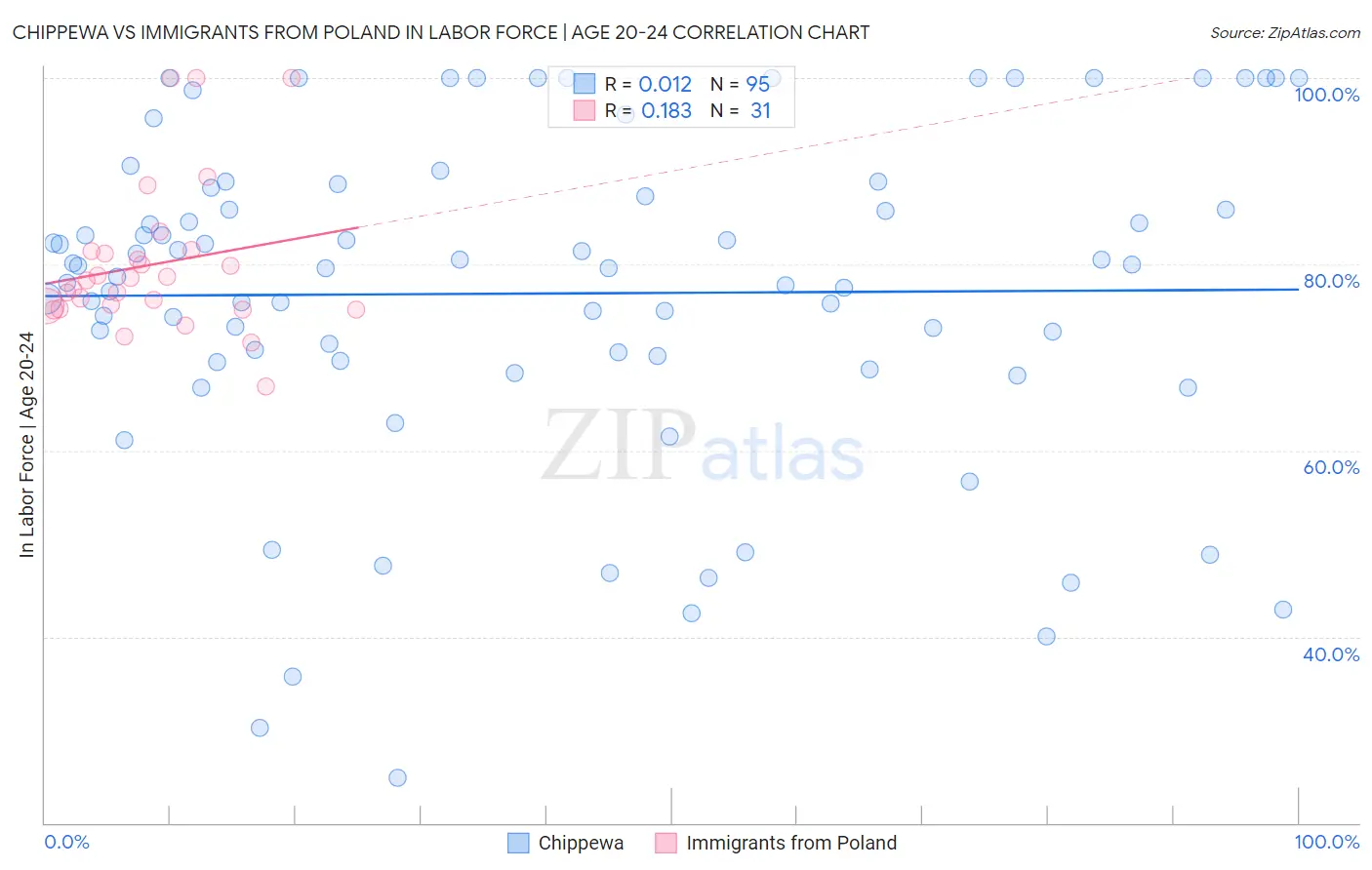 Chippewa vs Immigrants from Poland In Labor Force | Age 20-24