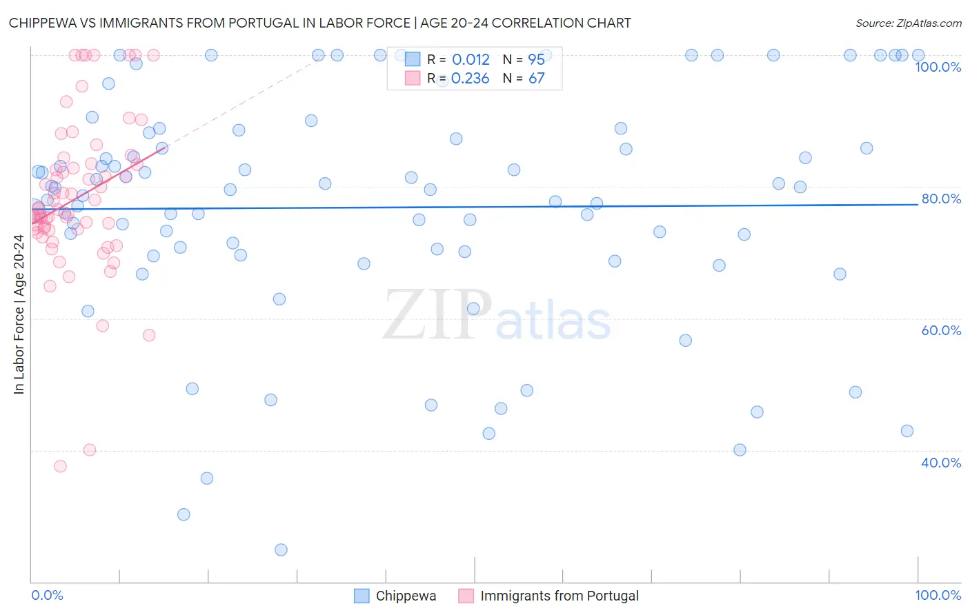 Chippewa vs Immigrants from Portugal In Labor Force | Age 20-24