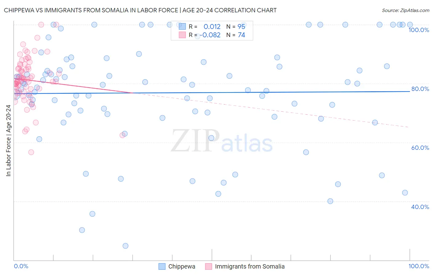 Chippewa vs Immigrants from Somalia In Labor Force | Age 20-24