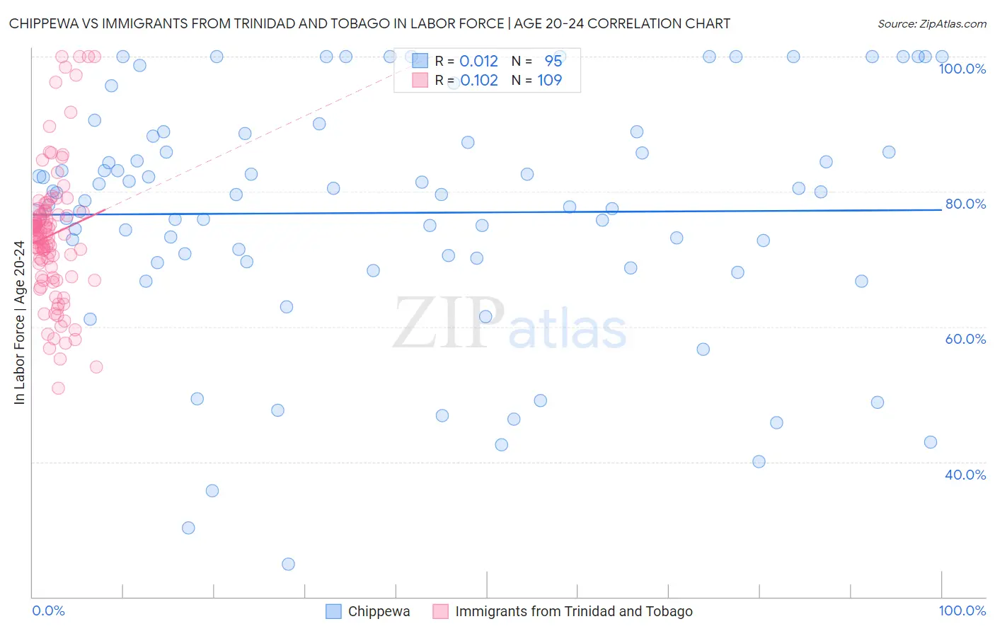 Chippewa vs Immigrants from Trinidad and Tobago In Labor Force | Age 20-24