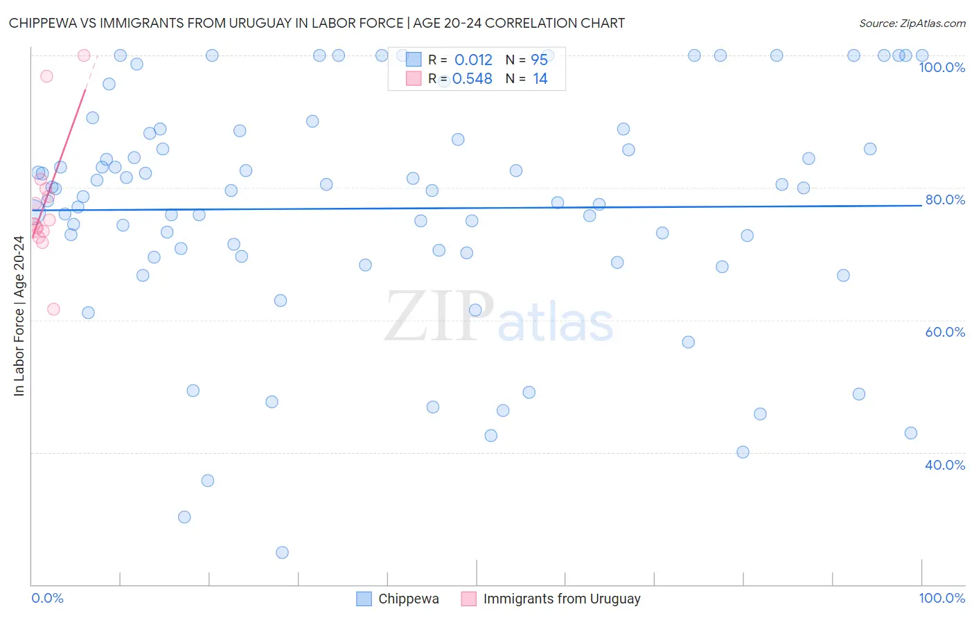Chippewa vs Immigrants from Uruguay In Labor Force | Age 20-24