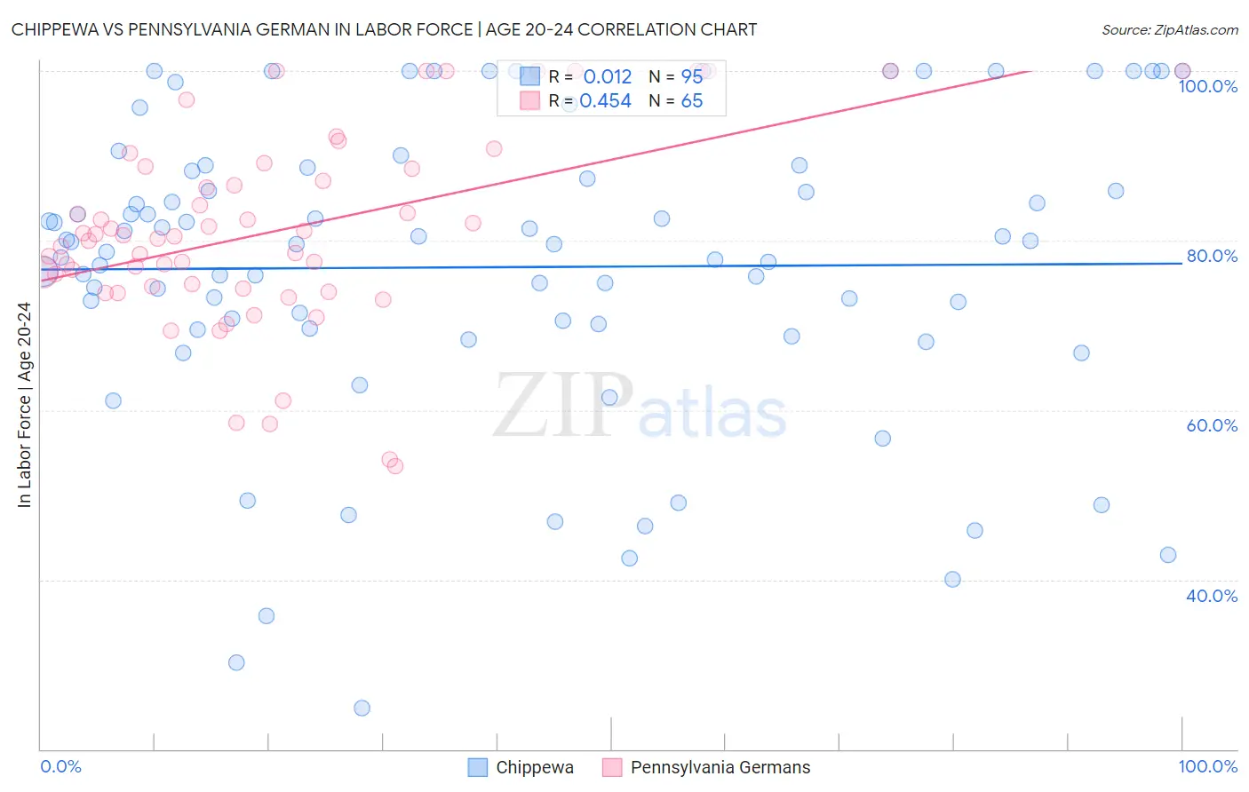 Chippewa vs Pennsylvania German In Labor Force | Age 20-24