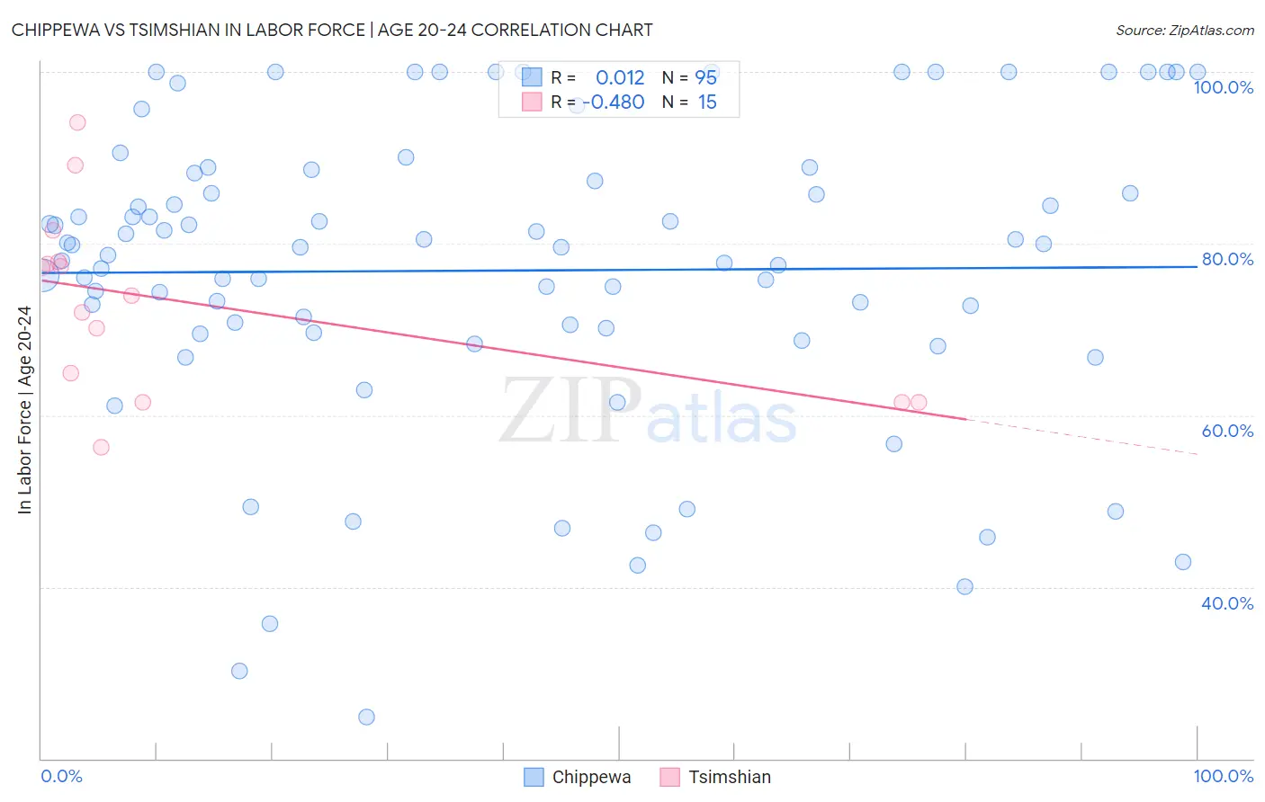 Chippewa vs Tsimshian In Labor Force | Age 20-24