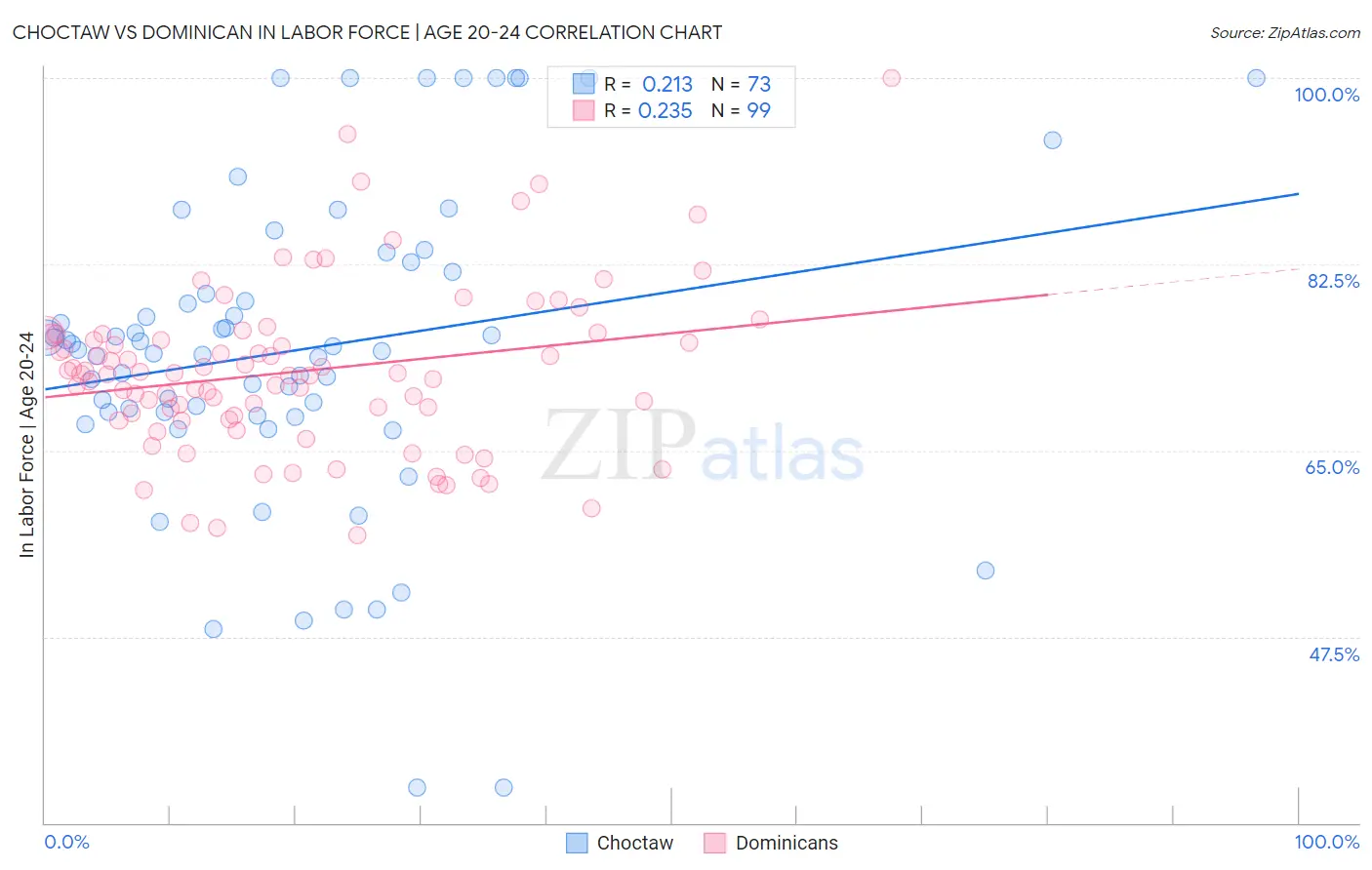 Choctaw vs Dominican In Labor Force | Age 20-24