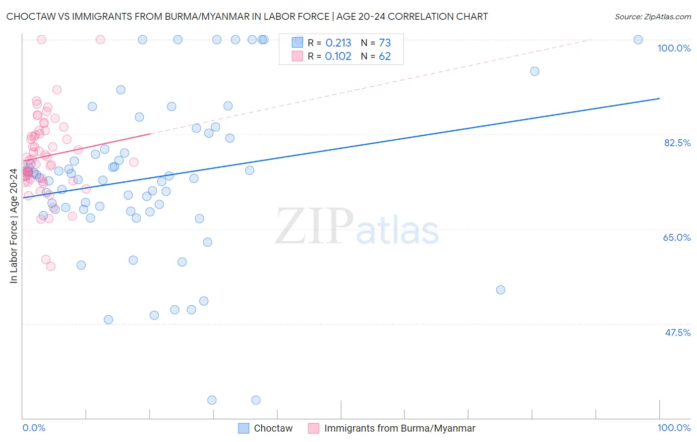 Choctaw vs Immigrants from Burma/Myanmar In Labor Force | Age 20-24