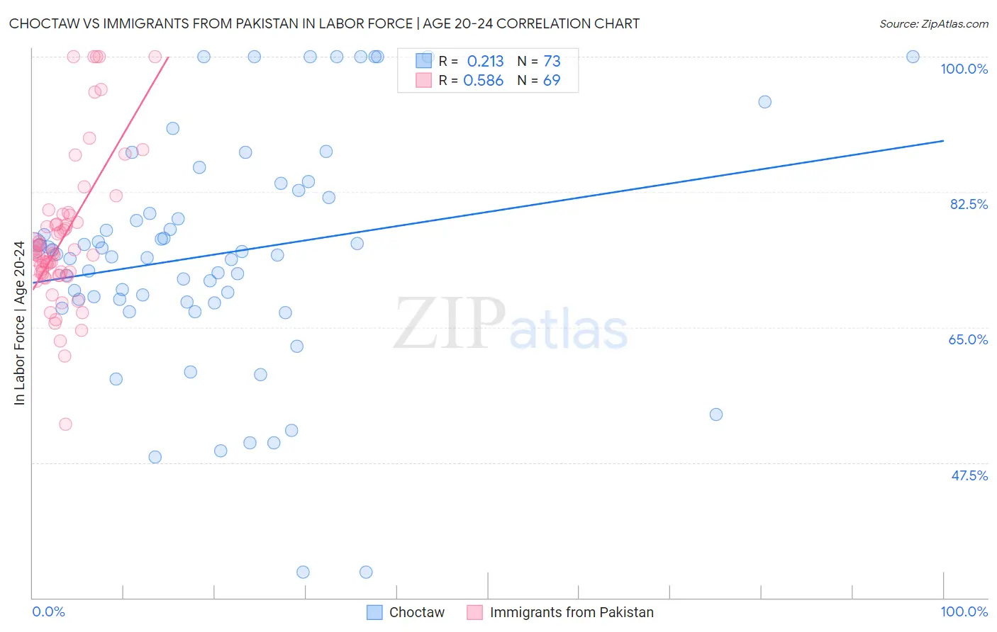 Choctaw vs Immigrants from Pakistan In Labor Force | Age 20-24