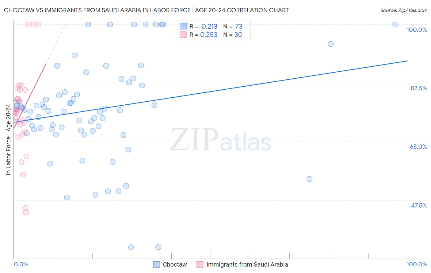 Choctaw vs Immigrants from Saudi Arabia In Labor Force | Age 20-24