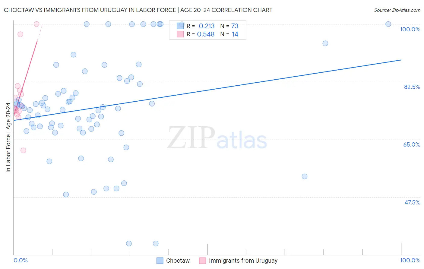 Choctaw vs Immigrants from Uruguay In Labor Force | Age 20-24