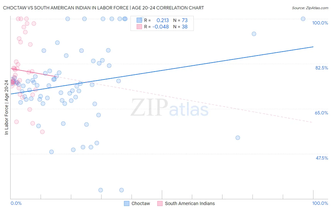 Choctaw vs South American Indian In Labor Force | Age 20-24