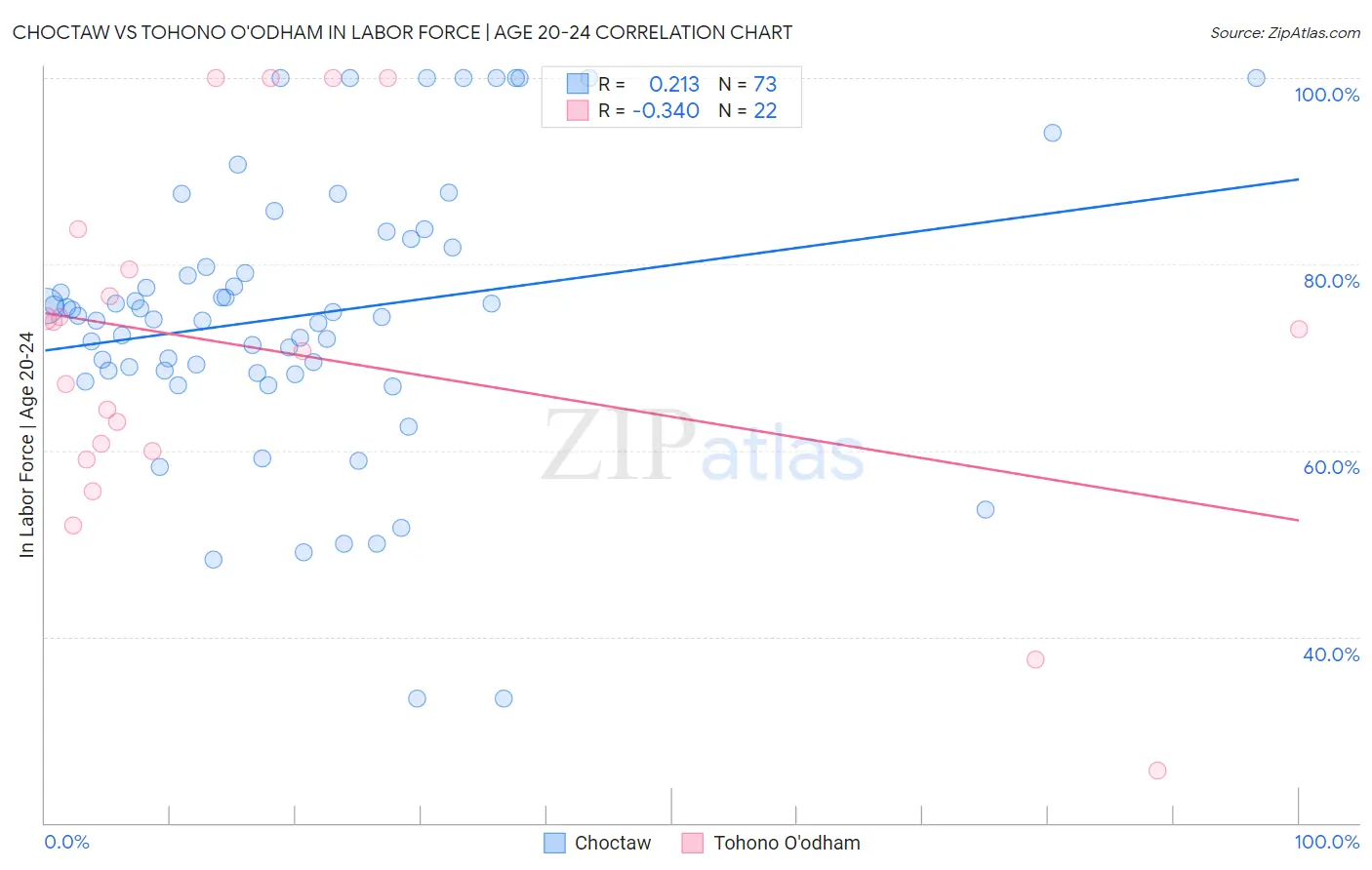 Choctaw vs Tohono O'odham In Labor Force | Age 20-24