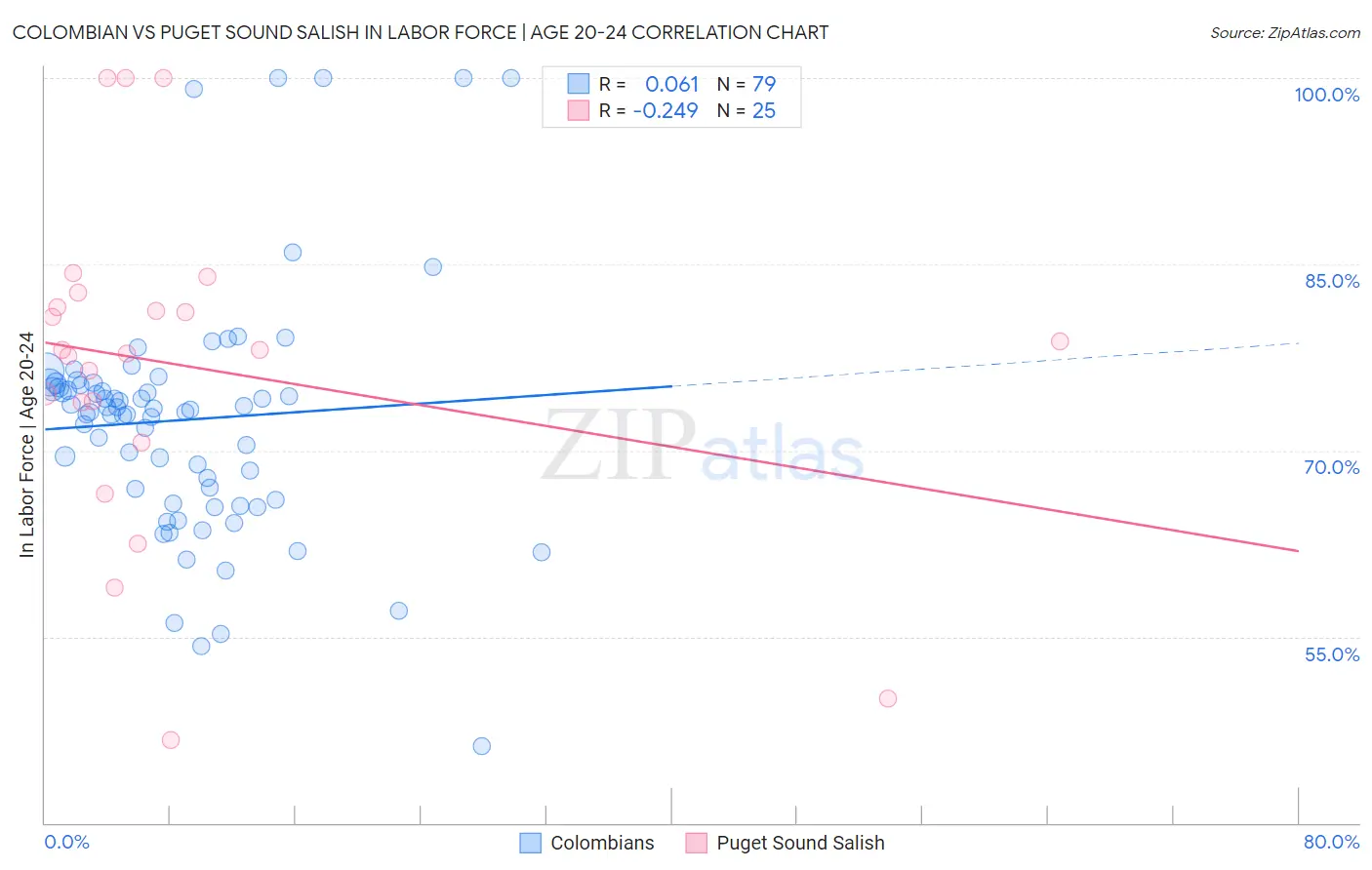 Colombian vs Puget Sound Salish In Labor Force | Age 20-24