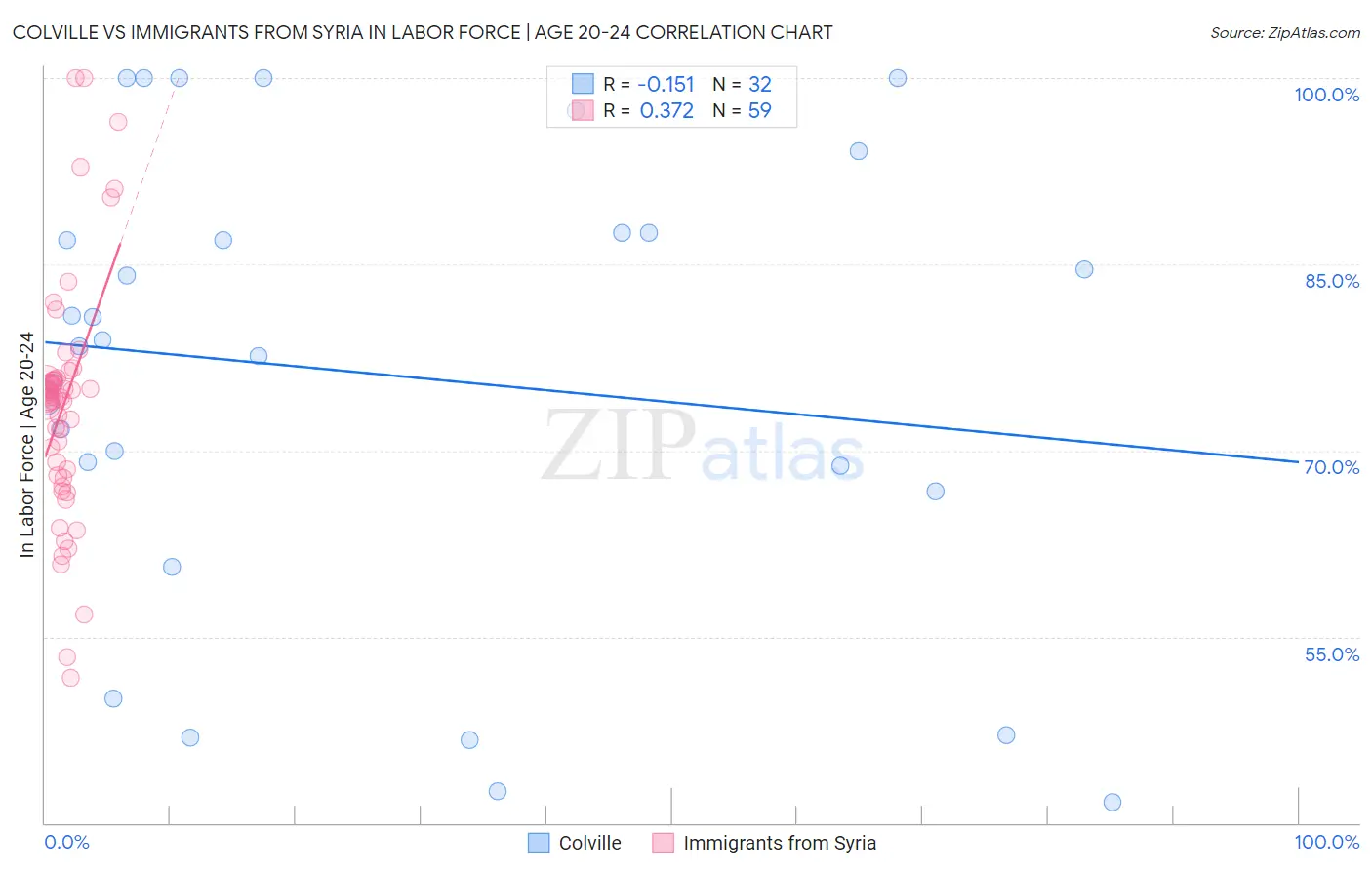 Colville vs Immigrants from Syria In Labor Force | Age 20-24
