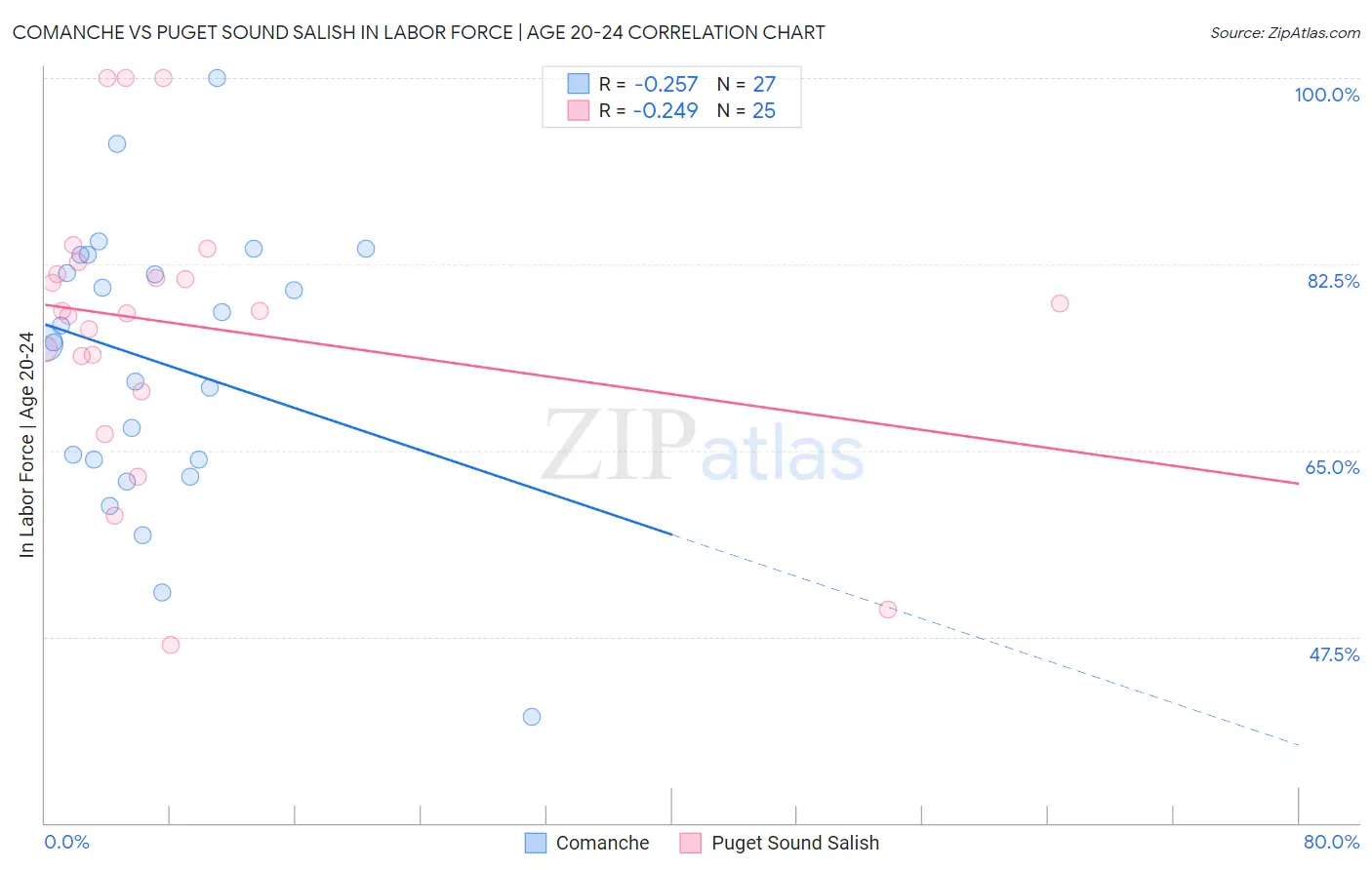 Comanche vs Puget Sound Salish In Labor Force | Age 20-24