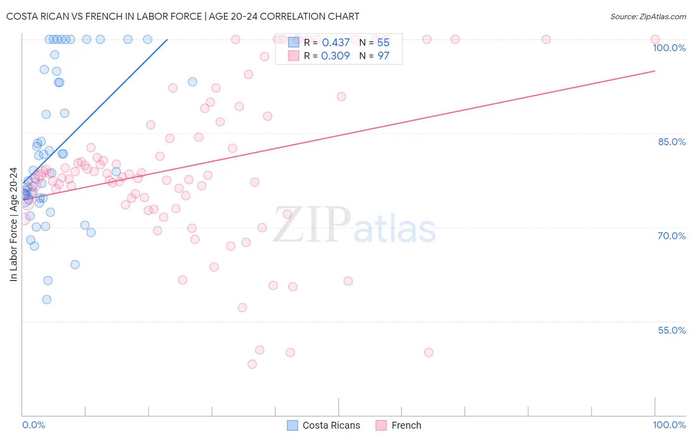 Costa Rican vs French In Labor Force | Age 20-24