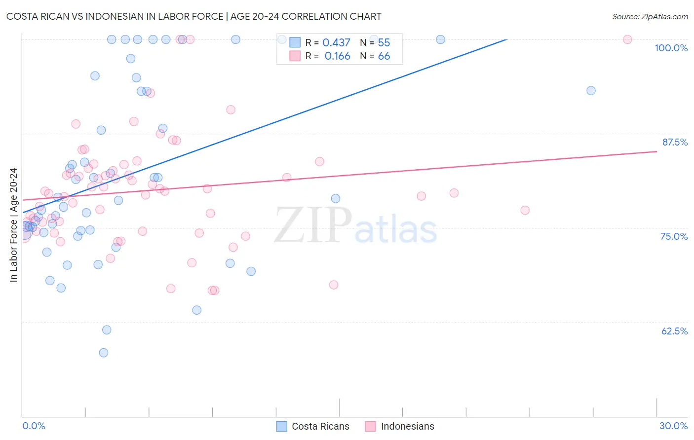Costa Rican vs Indonesian In Labor Force | Age 20-24