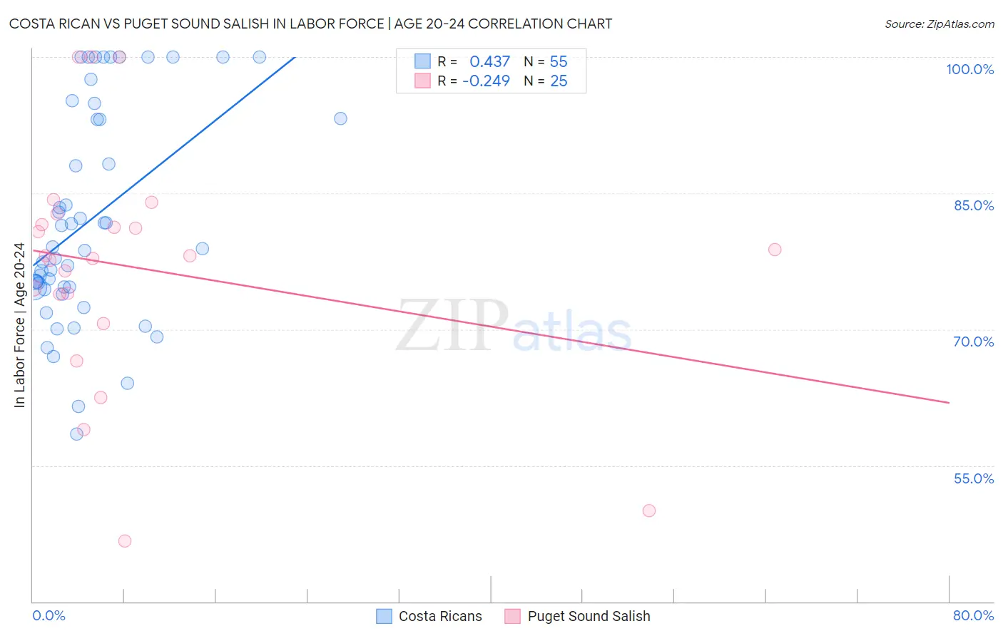 Costa Rican vs Puget Sound Salish In Labor Force | Age 20-24