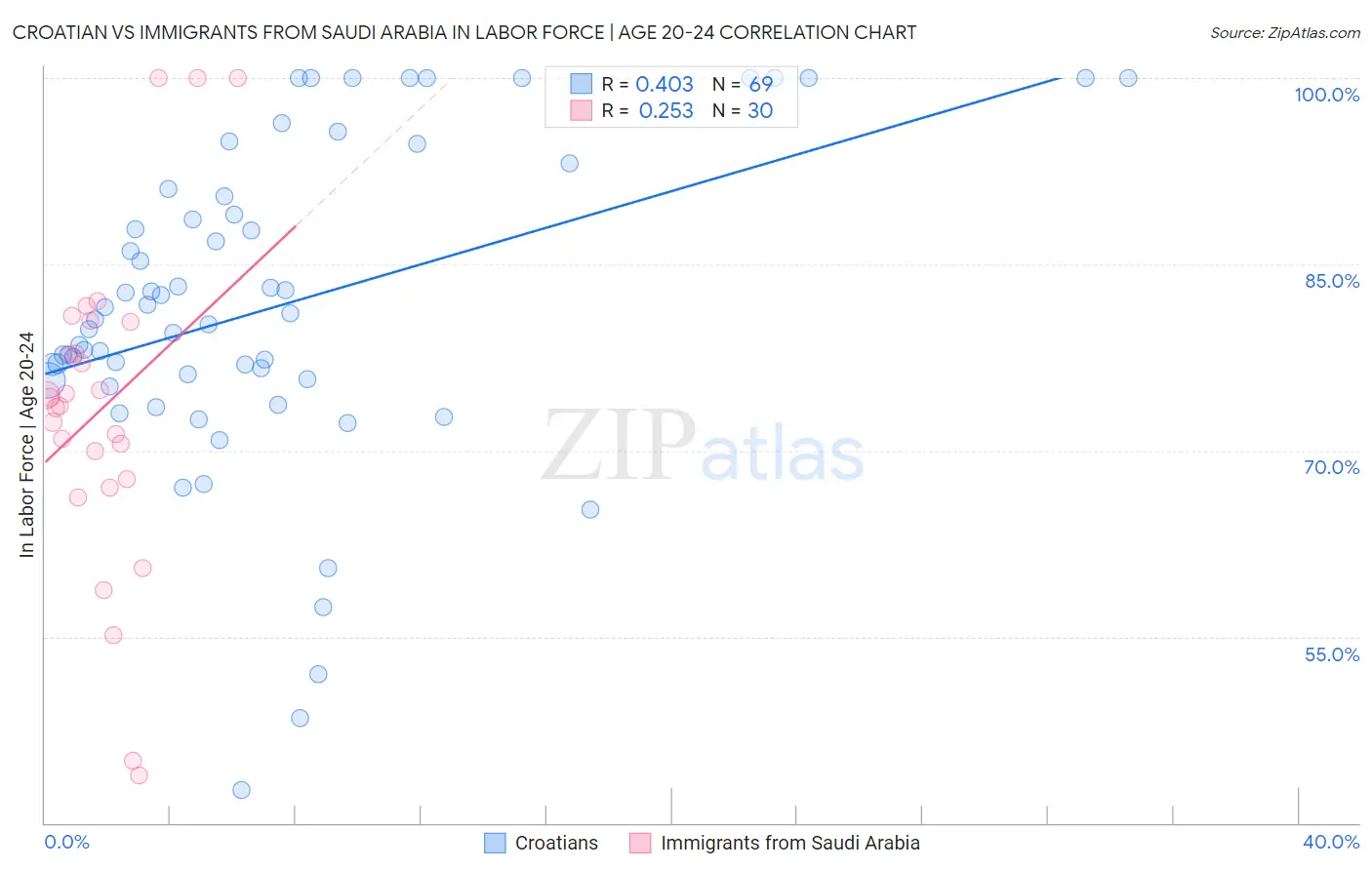 Croatian vs Immigrants from Saudi Arabia In Labor Force | Age 20-24