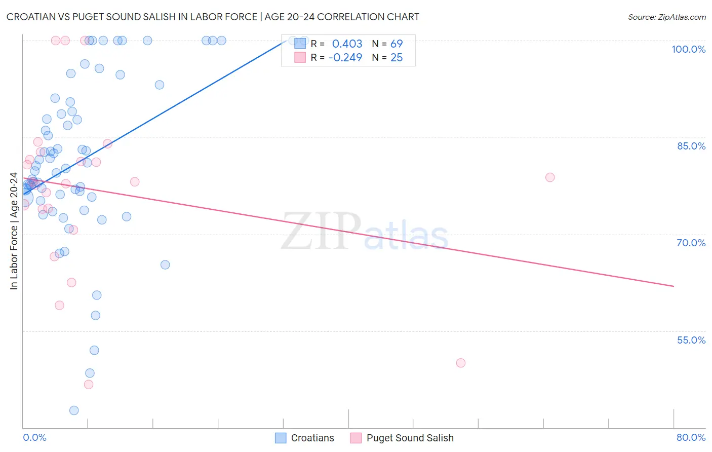 Croatian vs Puget Sound Salish In Labor Force | Age 20-24