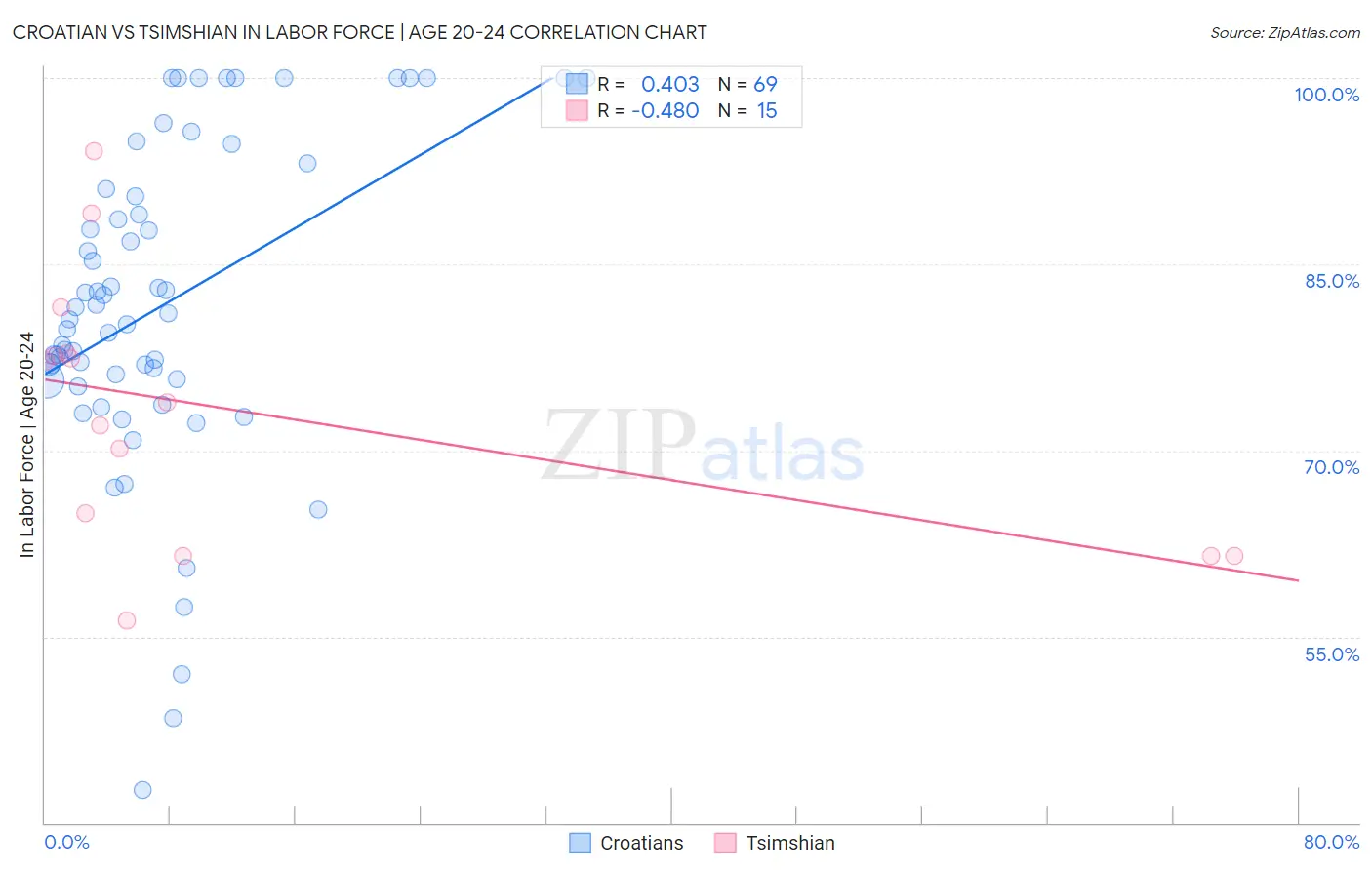 Croatian vs Tsimshian In Labor Force | Age 20-24