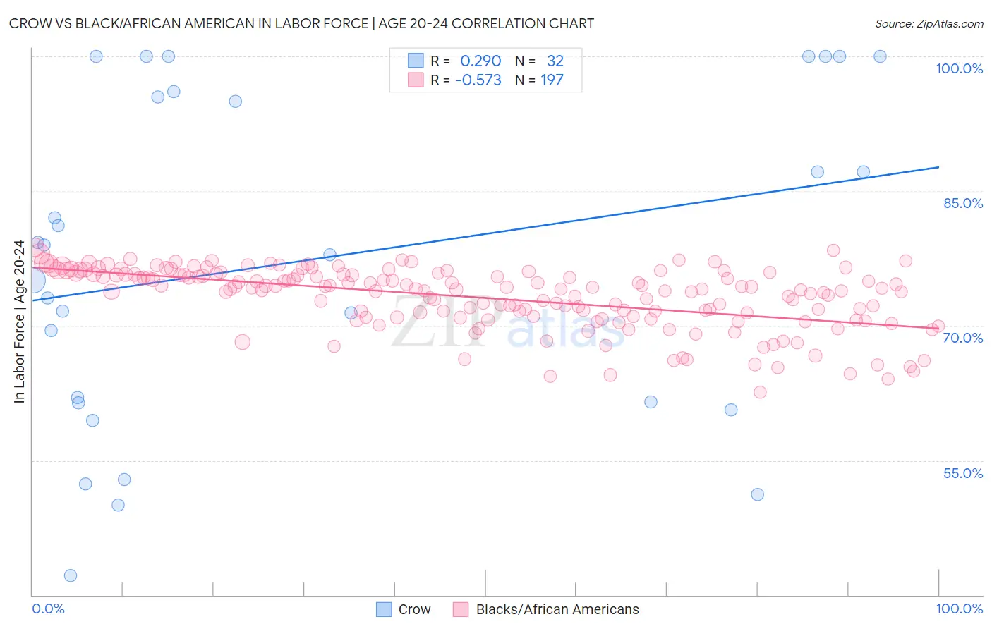Crow vs Black/African American In Labor Force | Age 20-24