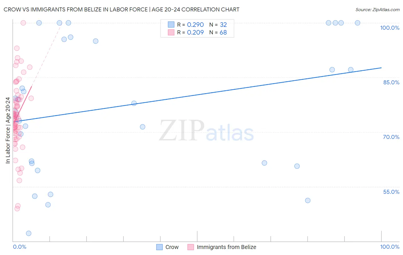 Crow vs Immigrants from Belize In Labor Force | Age 20-24