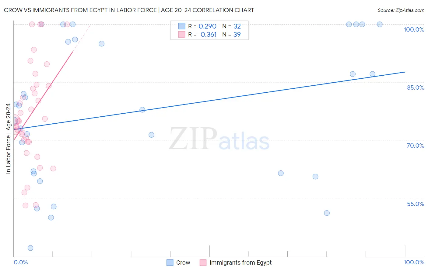 Crow vs Immigrants from Egypt In Labor Force | Age 20-24