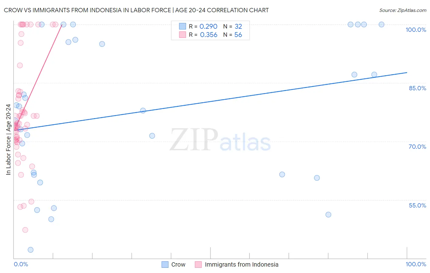 Crow vs Immigrants from Indonesia In Labor Force | Age 20-24