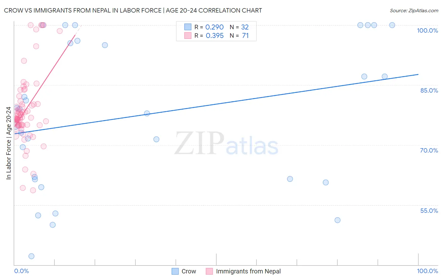 Crow vs Immigrants from Nepal In Labor Force | Age 20-24