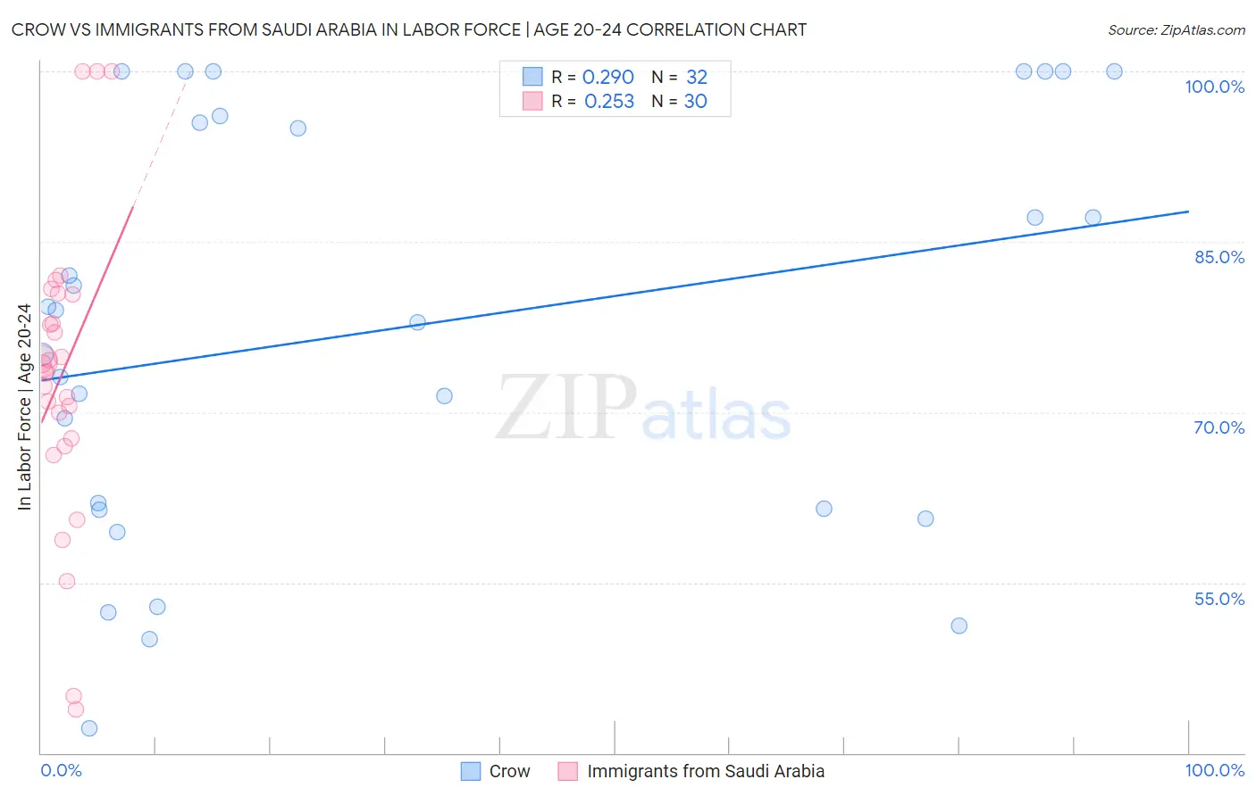 Crow vs Immigrants from Saudi Arabia In Labor Force | Age 20-24